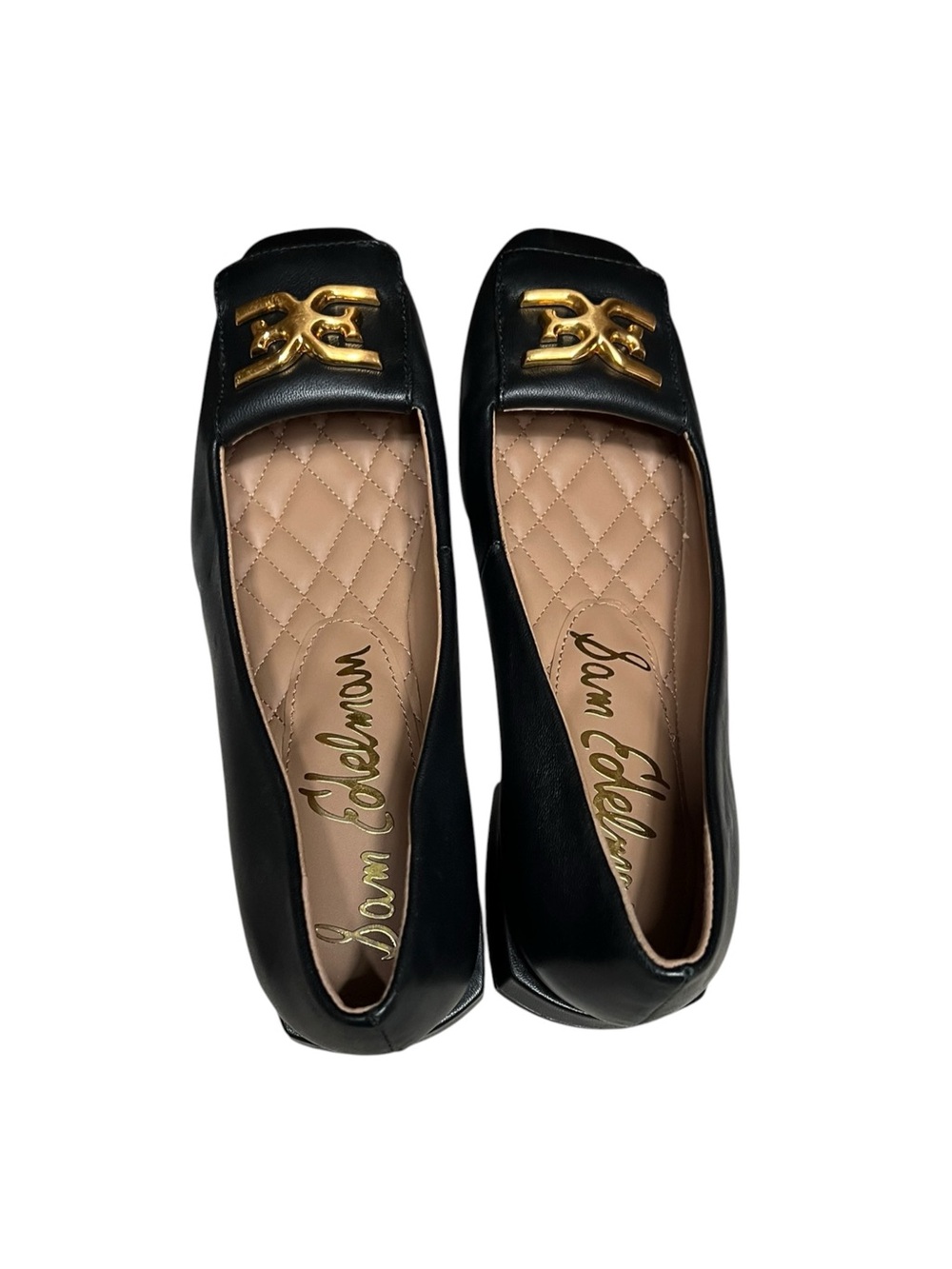 🌻NEW Sam Edelman Emina Square Toe Flats Black Gold Hardware Slip On 1" Heel 6.5 - Picture 6 of 10